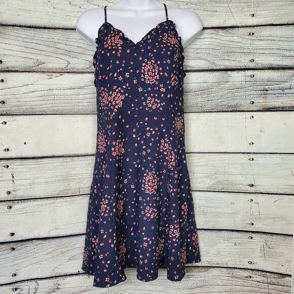 LOFT Outlet Navy Floral Ruffle Trim Sleeveless Dress Women’s Size 0 Fit & Flare - Picture 1 of 9